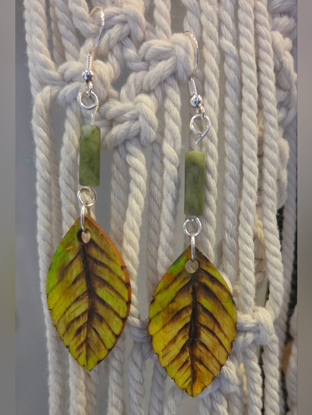 Handcrafted Wood Burned Watercolor Leaf Drop Earrings Jade 925 Sterling